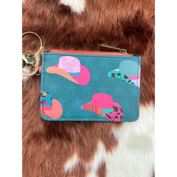 Catchfly Accessories - Catchfly Teal Leather Cowgirl Hat Print RFID ID Wallet Keychain Wristlet NWT